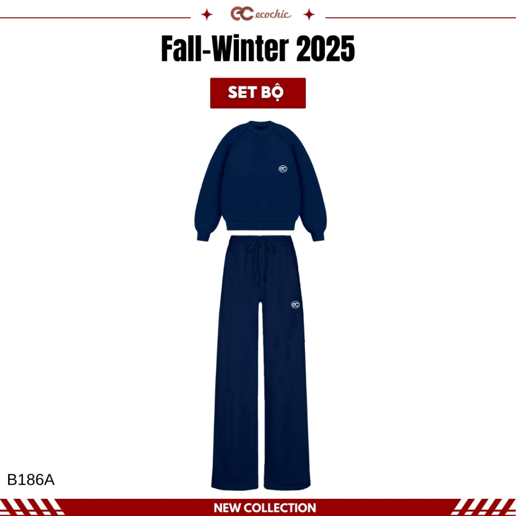 Set of ECOCHIC IVORY FROST Basic Sweater and Drawstring Straight Pants Made of High-Quality Genuine Double-Skin Fleece B186