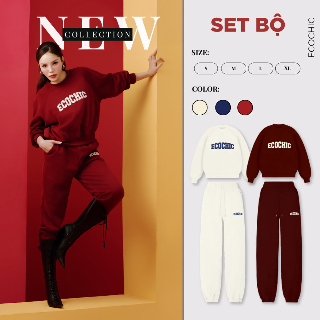 Set Bộ ECOCHIC CRIMSON WINTER Áo Sweater Logo Ngực Quần Jogger Bo Gấu Chất Liệu Nỉ Hai Da Cao Cấp Chính Hãng B187