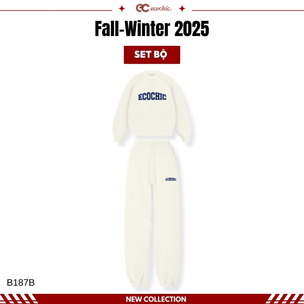 ECOCHIC CRIMSON WINTER Set Sweater with Logo on Chest, Jogger Pants with Hem, Genuine High Quality Double-Layer Fleece Material B187