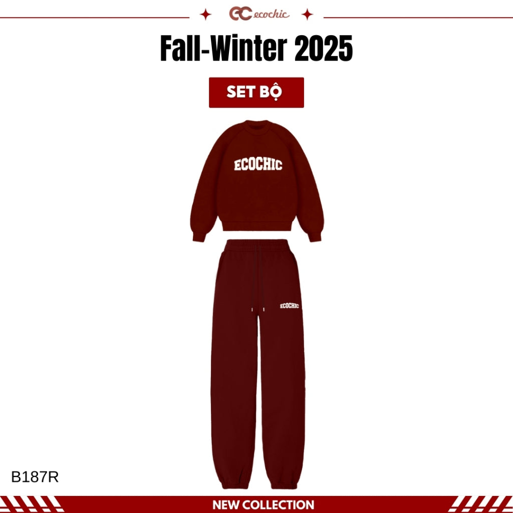 ECOCHIC CRIMSON WINTER Set Sweater with Logo on Chest, Jogger Pants with Hem, Genuine High Quality Double-Layer Fleece Material B187