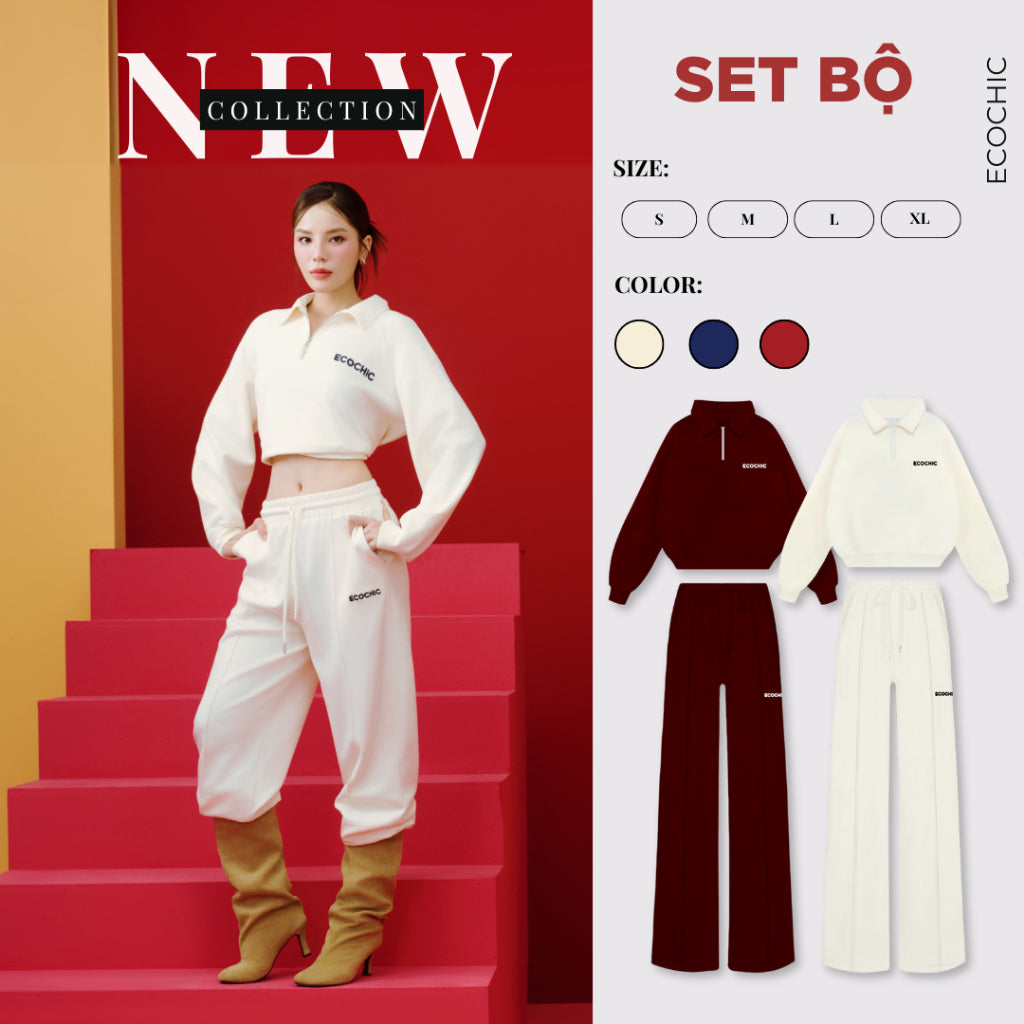 ECOCHIC Set - Crop Half-Zip Top and High-Waisted Wide-Leg Pants with Drawstring, Made from Premium Xiaomi Fabric B191