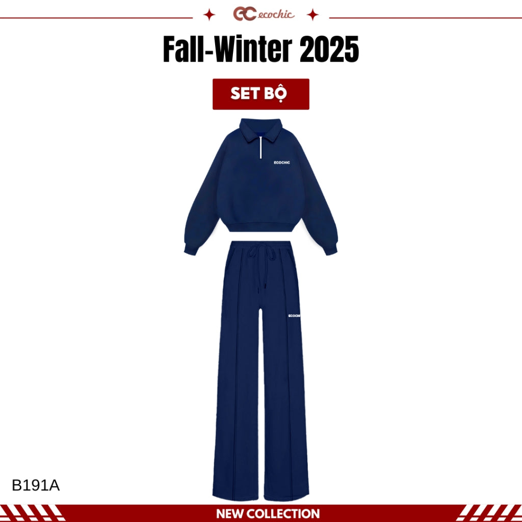 ECOCHIC ETERNAL WINTER Set Halfzip Crop Shirt High-Waisted Drawstring Straight Pants Genuine High-Quality Xiaomi Fabric B191