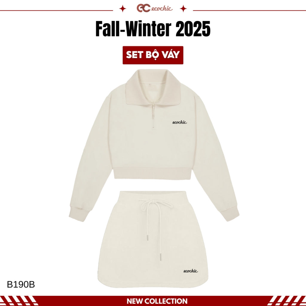 ECOCHIC FROST WHISPER Dress Set Long Sleeve Crop Top with Drawstring Skirt Made of Genuine High Quality Plain Rayon Fabric B190