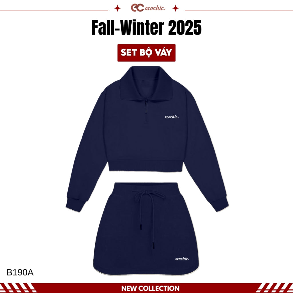 ECOCHIC FROST WHISPER Dress Set Long Sleeve Crop Top with Drawstring Skirt Made of Genuine High Quality Plain Rayon Fabric B190