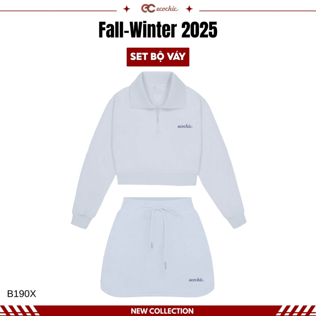 ECOCHIC FROST WHISPER Dress Set Long Sleeve Crop Top with Drawstring Skirt Made of Genuine High Quality Plain Rayon Fabric B190