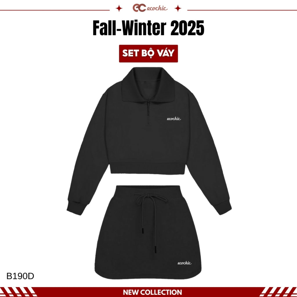 ECOCHIC FROST WHISPER Dress Set Long Sleeve Crop Top with Drawstring Skirt Made of Genuine High Quality Plain Rayon Fabric B190