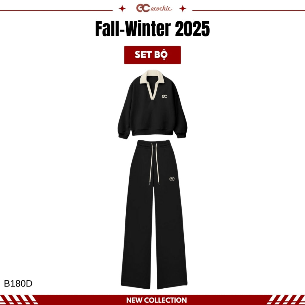 ECOCHIC WINTER REVERIE Set V-neck Polo Shirt and Straight-Leg Pants Made of High-Quality Manba Cotton, Genuine B180