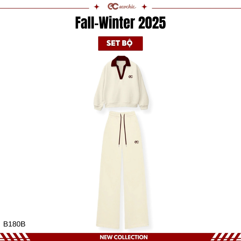 ECOCHIC WINTER REVERIE Set V-neck Polo Shirt and Straight-Leg Pants Made of High-Quality Manba Cotton, Genuine B180