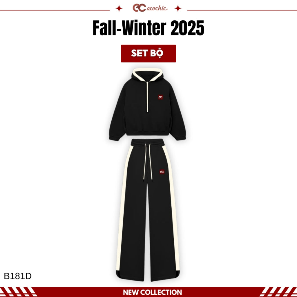 ECOCHIC MIDNIGHT Set Halfzip Hoodie, Drawstring Straight Pants, Linen, High Quality Manba Cotton, Genuine B181