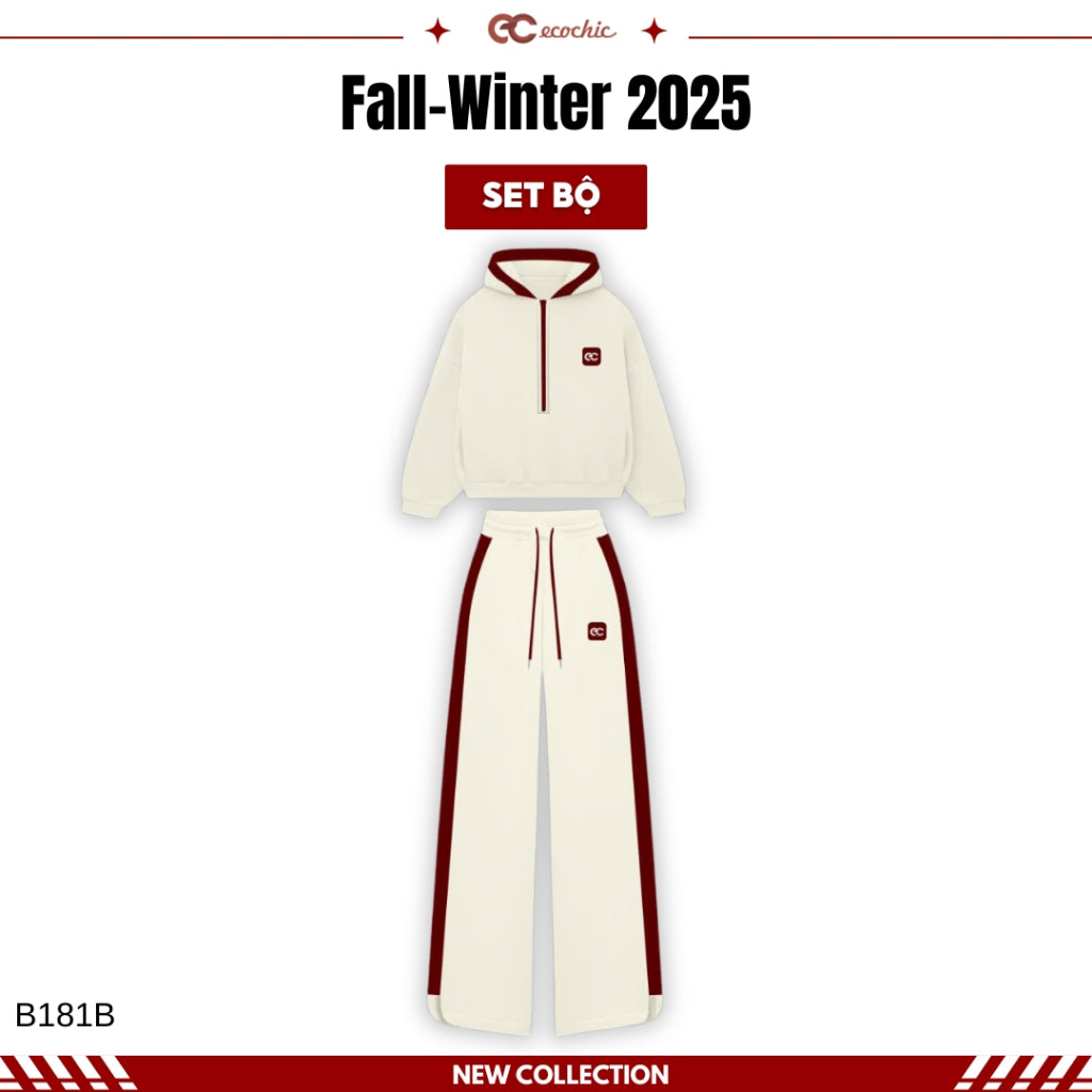 ECOCHIC MIDNIGHT Set Halfzip Hoodie, Drawstring Straight Pants, Linen, High Quality Manba Cotton, Genuine B181