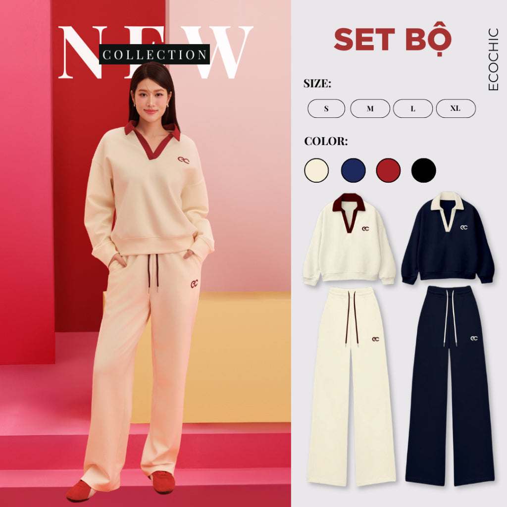 Set Bộ ECOCHIC WINTER REVERIE Áo Polo Cổ V Quần Dài Ống Suông Chất Liệu Cotton Manba Cao Cấp Chính Hãng B180