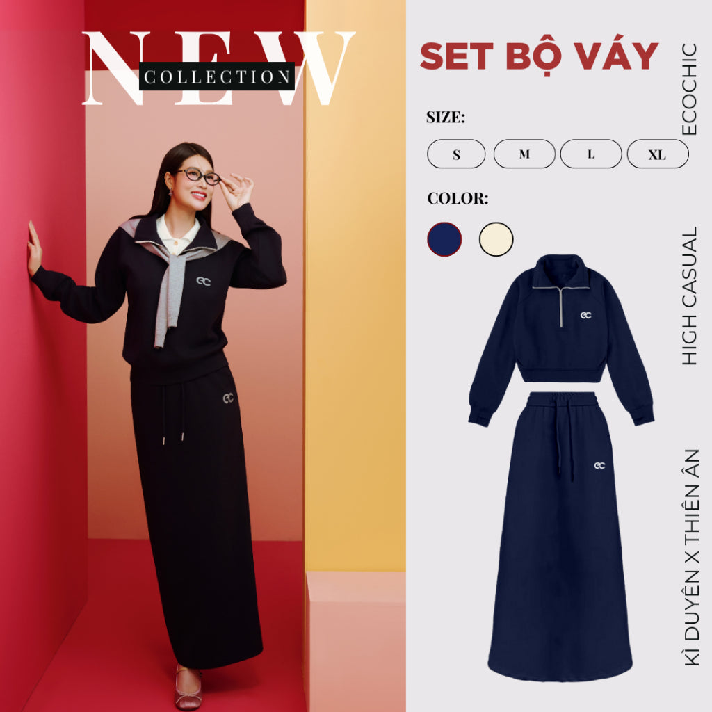 Set Bộ Váy Dài ECOCHIC Áo Crop Cổ Cao Halfzip Logo Phối Chân Váy Dài Dây Rút Chất Liệu Cao Cấp Chính Hãng B194