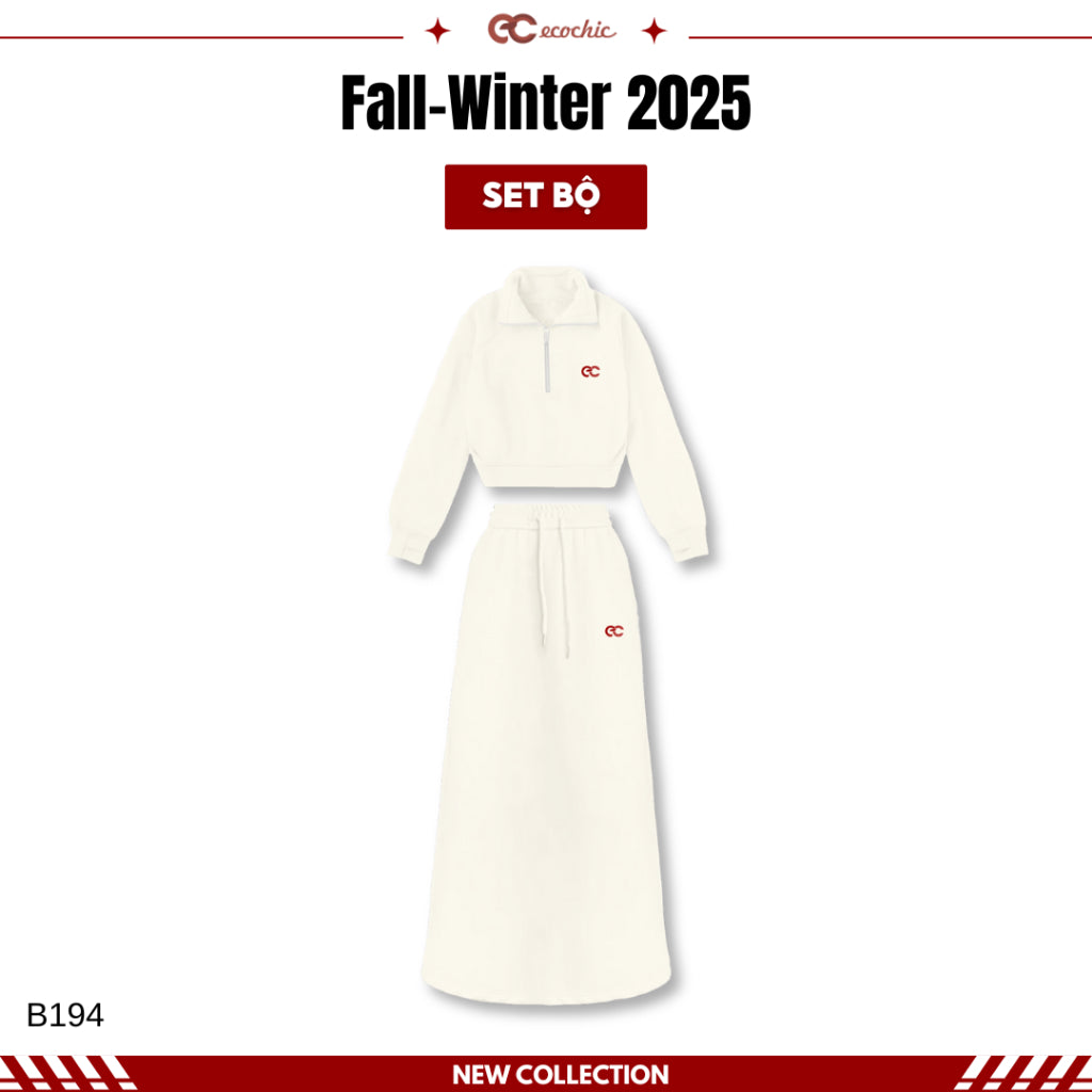 ECOCHIC Long Dress Set with High Neck Crop Top Halfzip Logo and Long Drawstring Skirt High Quality Genuine Material B194