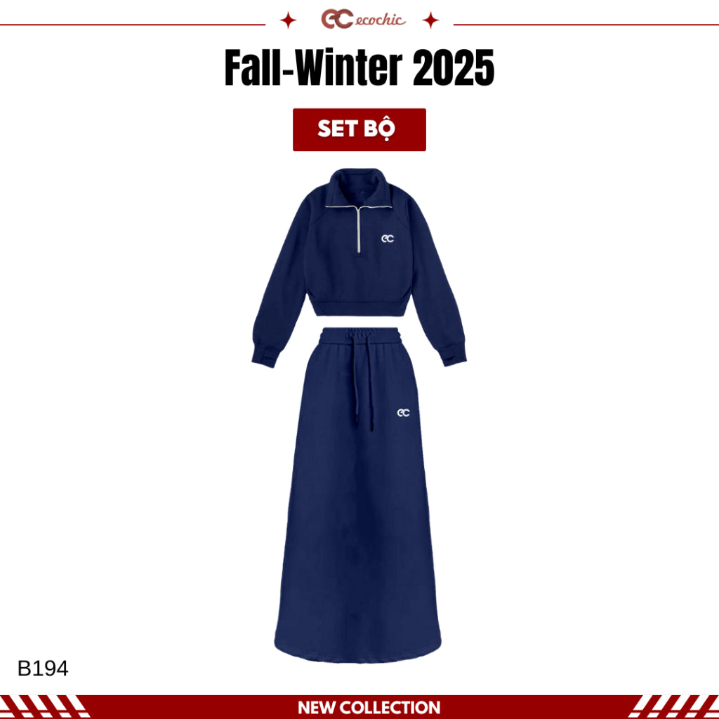 ECOCHIC Long Dress Set with High Neck Crop Top Halfzip Logo and Long Drawstring Skirt High Quality Genuine Material B194