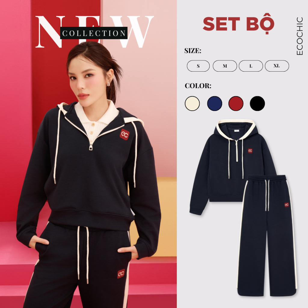 Set Bộ ECOCHIC MIDNIGHT Áo Hoodie Cổ Halfzip Quần Suông Dây Rút Phối Line Chất Liệu Cotton Manba Cao Cấp Chính Hãng B181