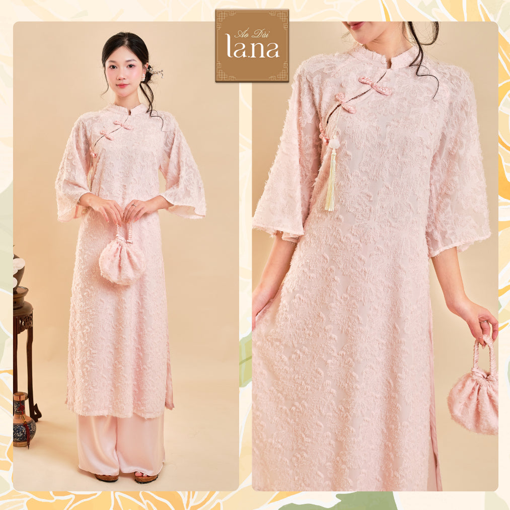 Modernized Ao Dai with soft pink Chau Sa and pearl silk pants with prominent asymmetrical bow – SD011 LANA DESIGN