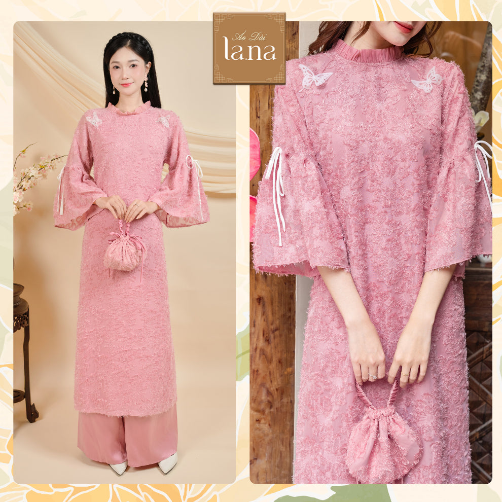 Chau Lien designed ao dai, straight cut, soft silk material with pearl silk, short sleeves, light bow tie - SD013 LANA DESIGN