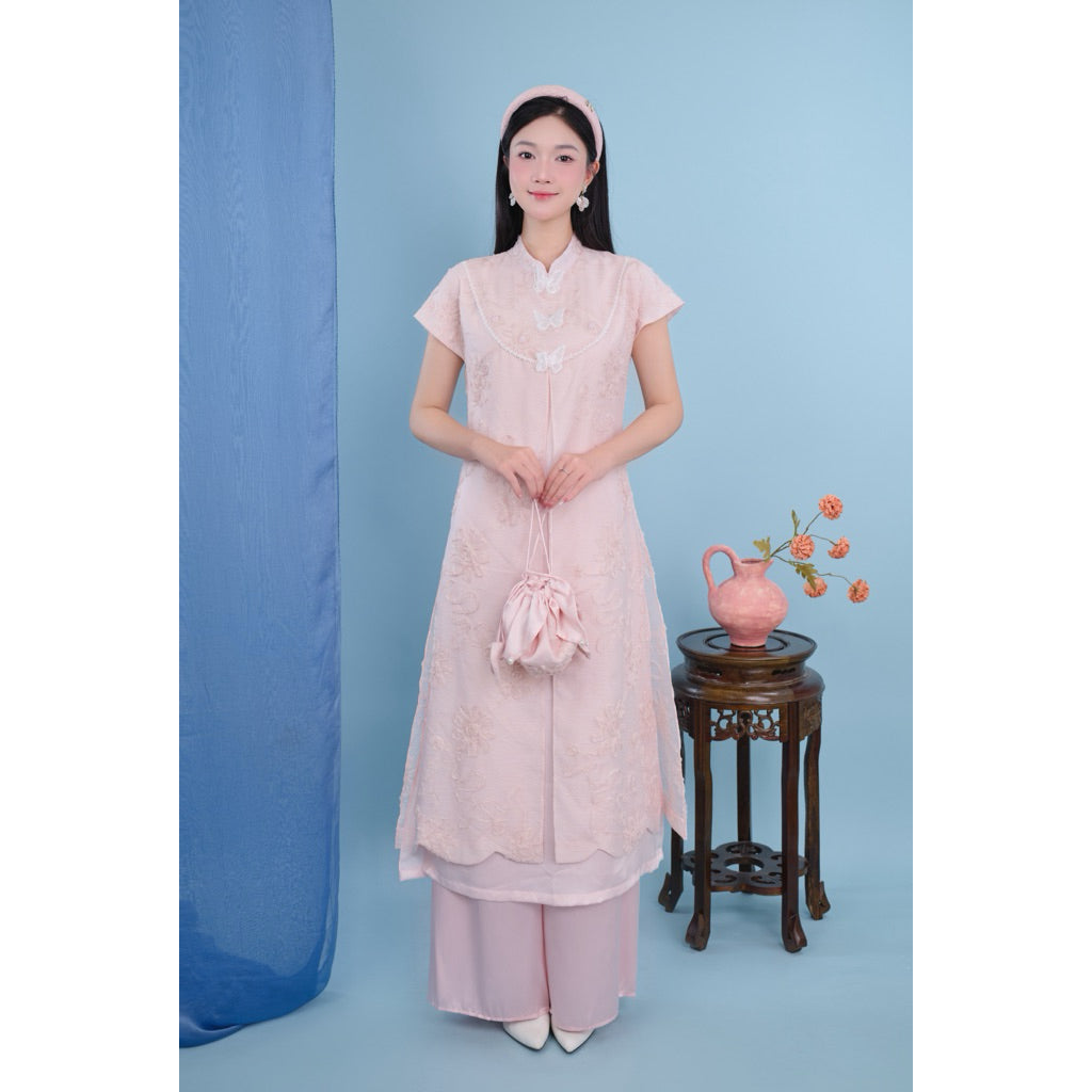 Yen Chi pink ao dai with sophisticated 3D floral pattern, high-quality silk mixed with silk - SD241 LANA DESIGN