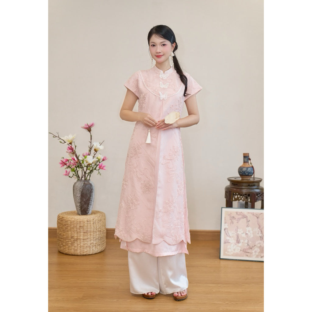 Yen Chi pink ao dai with sophisticated 3D floral pattern, high-quality silk mixed with silk - SD241 LANA DESIGN