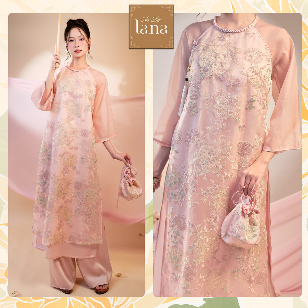 Y Mong pink women's ao dai with 4-petal flower pattern & delicately embroidered fan, high-quality silk mixed with glass silk – SD276 LANA DESIGN