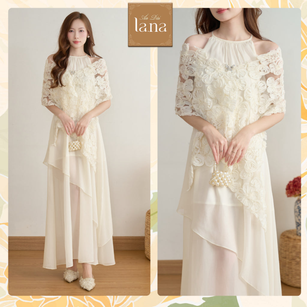 Set of dress designed with Ngoc Tram's silk halter neckline and floral lace, delicate 2-layer form, and light, fluttering scarf - V406 LANA DESIGN