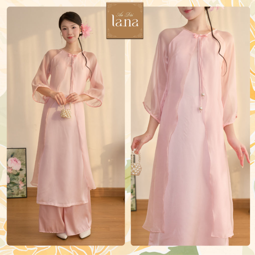 Pastel pink ao dai designed by Tu Nhien, soft silk mixed with silk, straight form, 4 light silk panels with silk pants - SD257 LANA DESIGN
