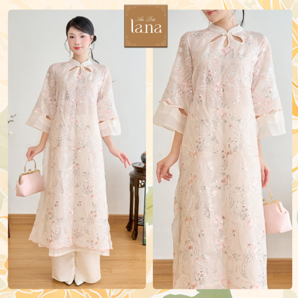 To Tran high-end ao dai set, 4-panel design, straight-cut, silk fabric, sequin, embossed motifs, pearl buttons - SD395 LANADESIGN