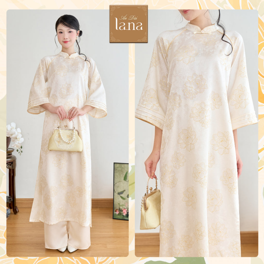 Ngoc Dao Lien silk and brocade modernized ao dai set with 2 panels, pleated sleeves, mandarin collar, and embossed thread – SD365 LANA DESIGN