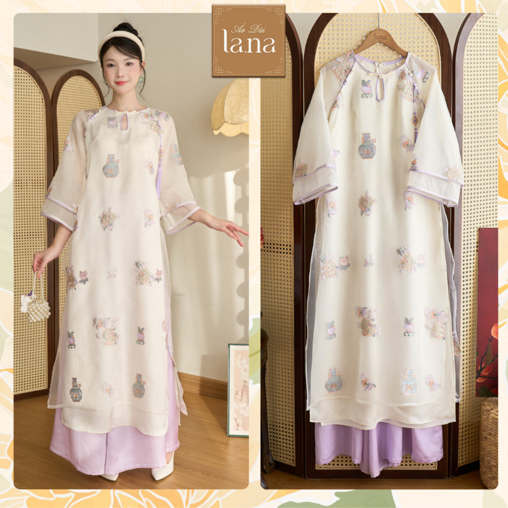 Mong Binh modernized ao dai set with high-quality embossed embroidery, soft silk mixed with glass – SD272 LANA DESIGN