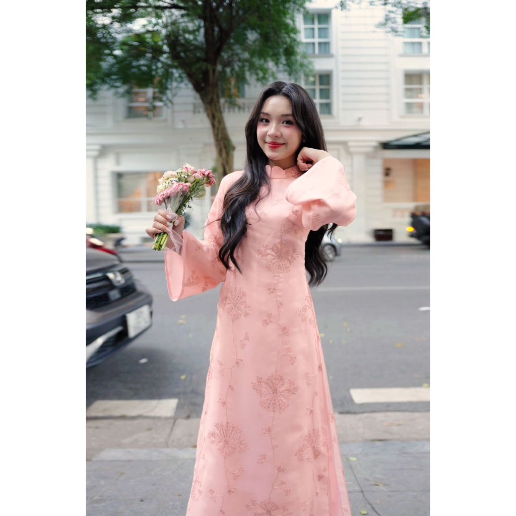 Áo dài cách tân AD256 - QD010 tay rộng cổ cao mềm mại nữ tính