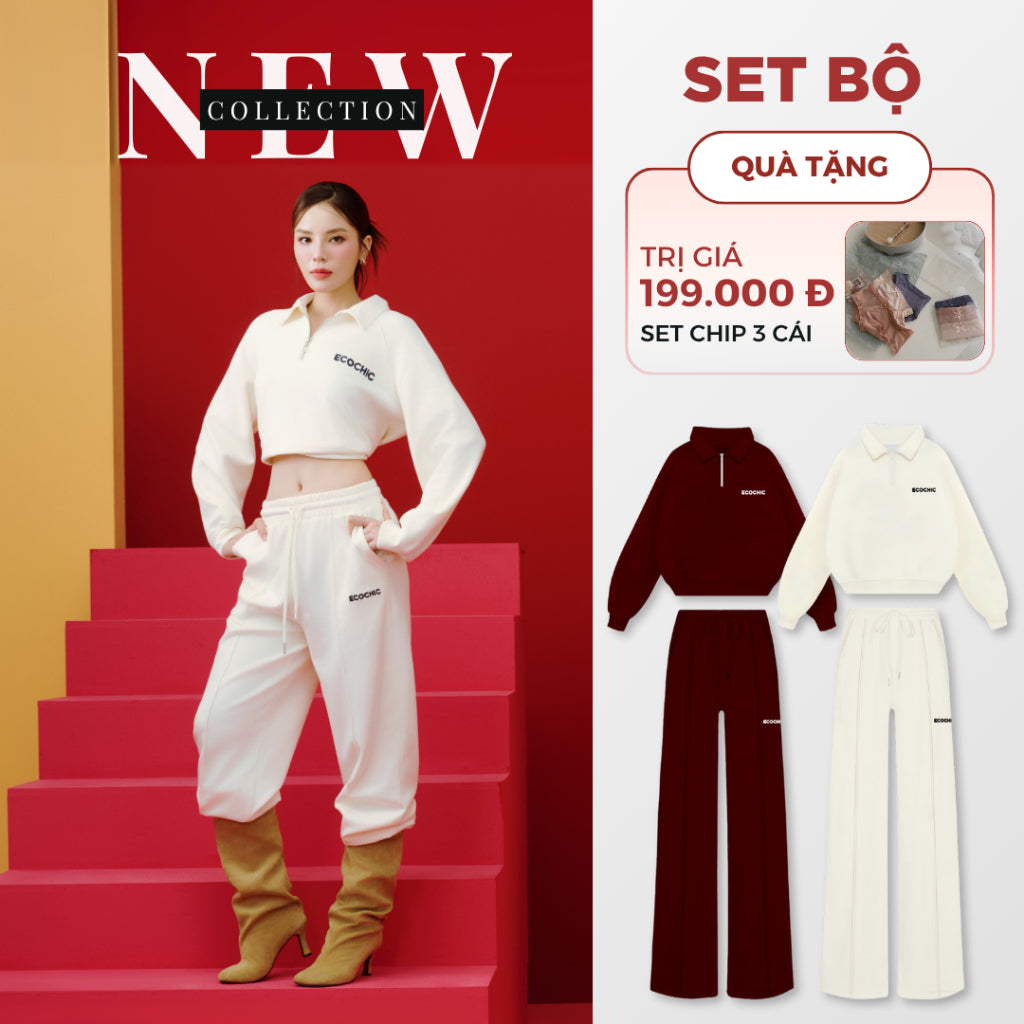 Set Bộ ECOCHIC ETERNAL WINTER Áo Crop Halfzip Quần Suông Dây Rút Cạp Cao Chất Liệu Vải Sợi Xaomi Cao Cấp Chính Hãng B191