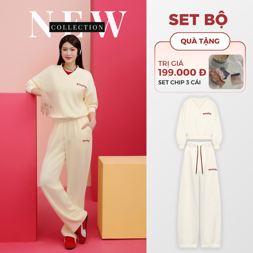 Set Bộ ECOCHIC SILENT LUXE Áo Cổ Tim Basic Quần Suông Cạp Cao Chất Liệu Vải Thun Cosy Sọc Cao Cấp Chính Hãng B184