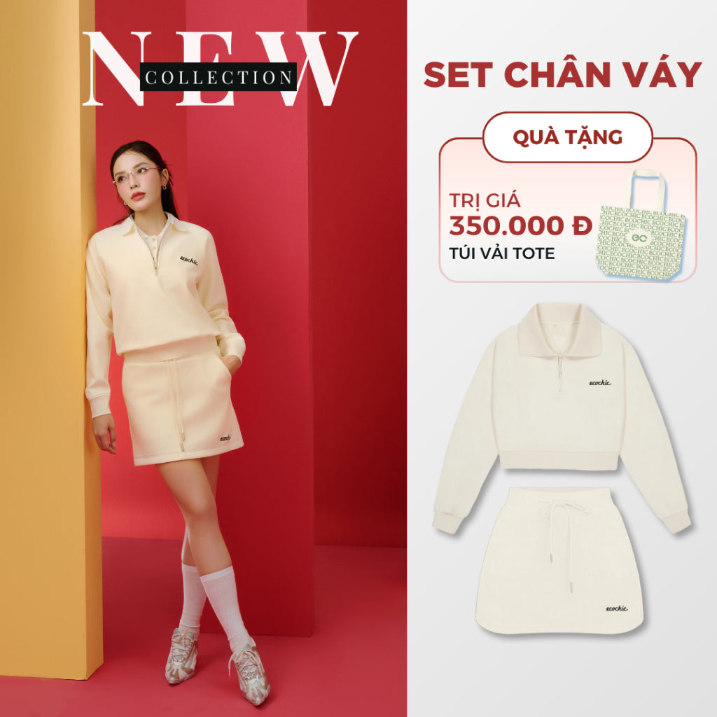 Set Bộ Váy ECOCHIC FROST WHISPER Áo Crop Dài Tay Phối Chân Váy Dây Rút Chất Liệu Vải Rayon Trơn Cao Cấp Chính Hãng B190