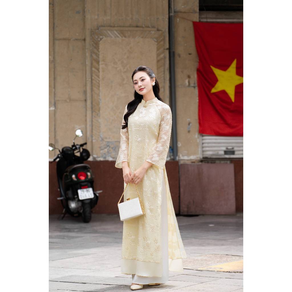 Modernized Ao Dai AD258 - QD043 with four panels of varying lengths, embellished with pearls.