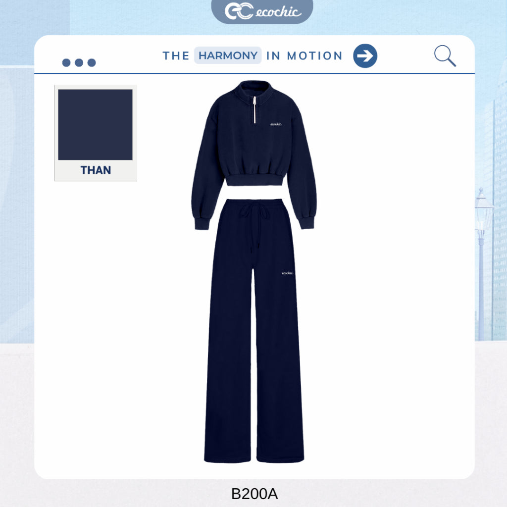 ECOCHIC GRAVITY SET High Neck Crop Top Halfzip Logo Chest Drawstring Straight Pants High Quality Genuine Material HNH B200