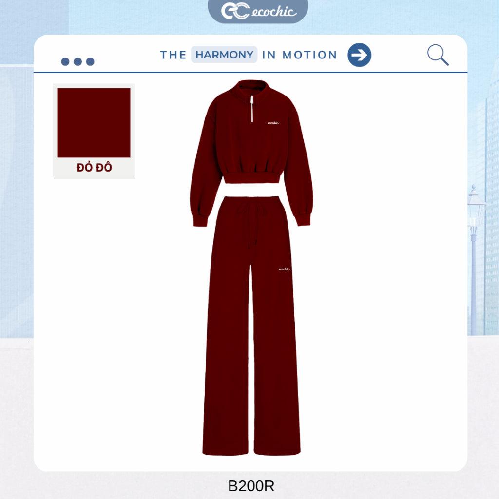 ECOCHIC GRAVITY SET High Neck Crop Top Halfzip Logo Chest Drawstring Straight Pants High Quality Genuine Material HNH B200