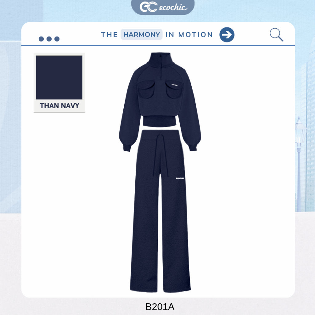 ECOCHIC DYNAMIC EASE Set High Neck Halfzip Crop Top, Side Cargo Pockets, High Quality Drawstring Straight Pants, Genuine HNH B201