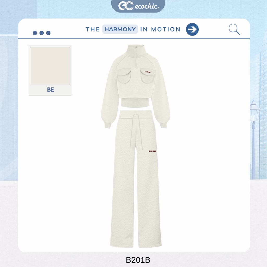 ECOCHIC DYNAMIC EASE Set High Neck Halfzip Crop Top, Side Cargo Pockets, High Quality Drawstring Straight Pants, Genuine HNH B201