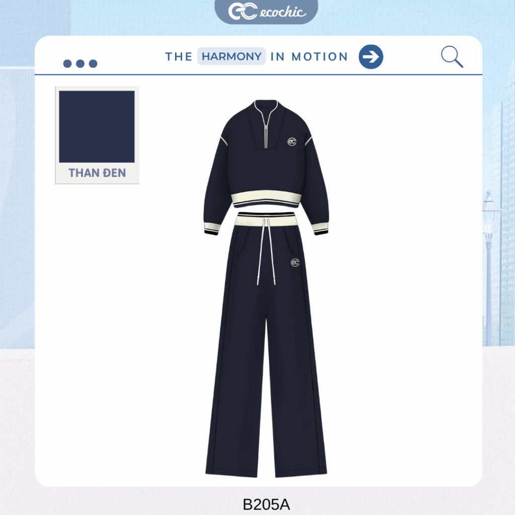 Set of ECOCHIC SYNC MOVE Zip-up Crop Top with Hem and Drawstring Straight Pants, High Quality Genuine Material HNH B205