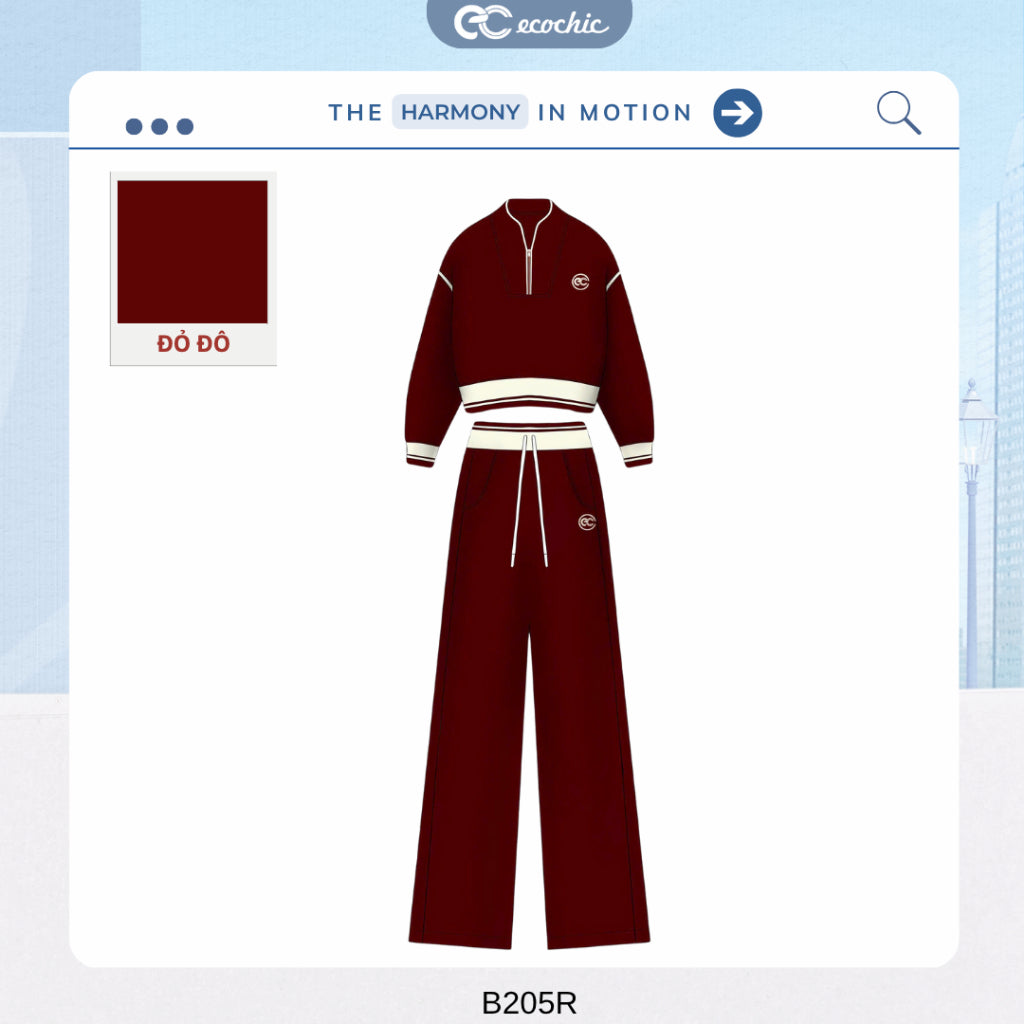 Set of ECOCHIC SYNC MOVE Zip-up Crop Top with Hem and Drawstring Straight Pants, High Quality Genuine Material HNH B205