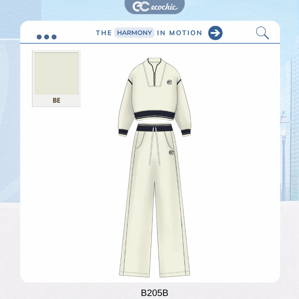 Set of ECOCHIC SYNC MOVE Zip-up Crop Top with Hem and Drawstring Straight Pants, High Quality Genuine Material HNH B205