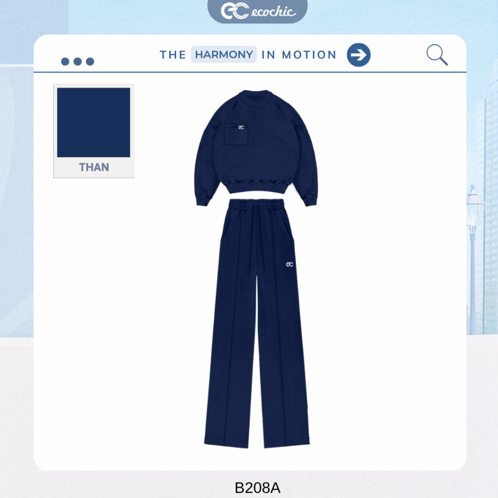 ECOCHIC GRAVITY SET Basic Sweater Round Neck Logo Chest Straight Pants High Quality Genuine Material HNH B208