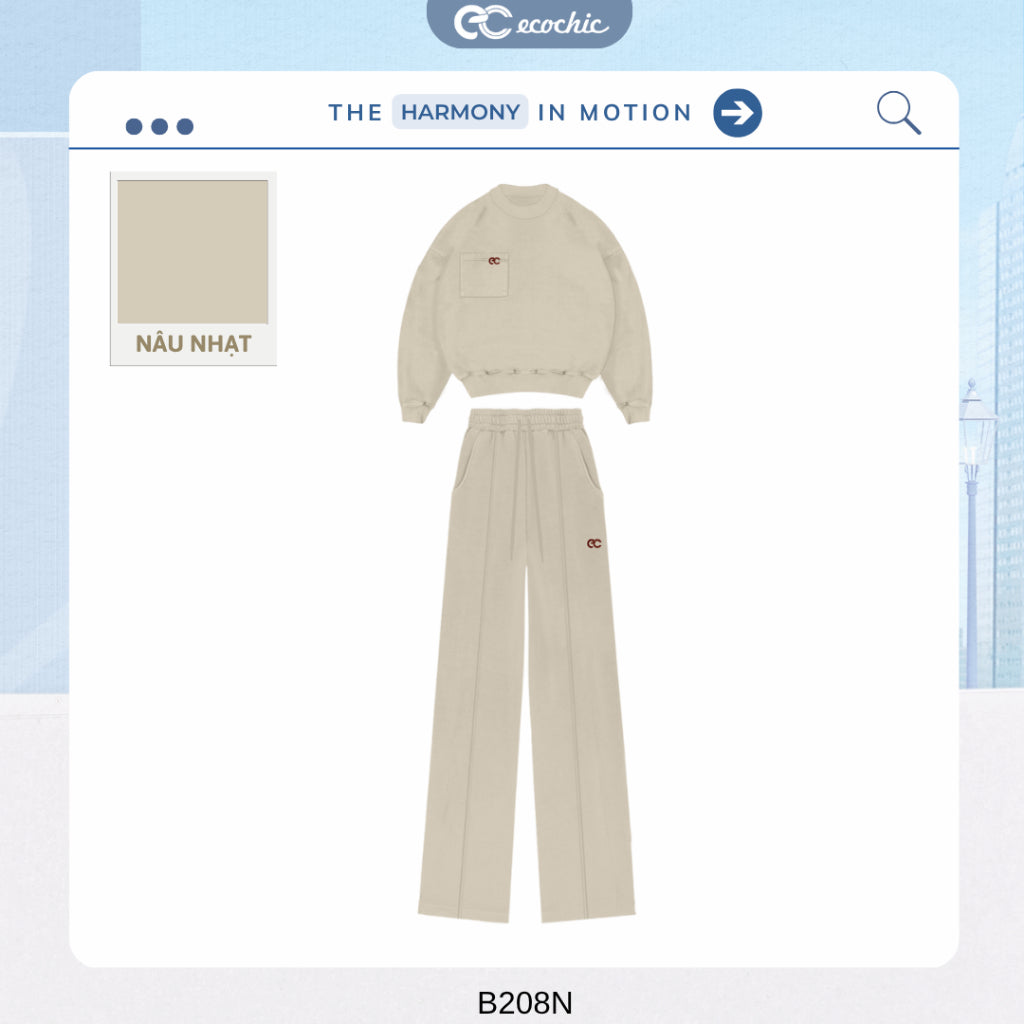 ECOCHIC GRAVITY SET Basic Sweater Round Neck Logo Chest Straight Pants High Quality Genuine Material HNH B208