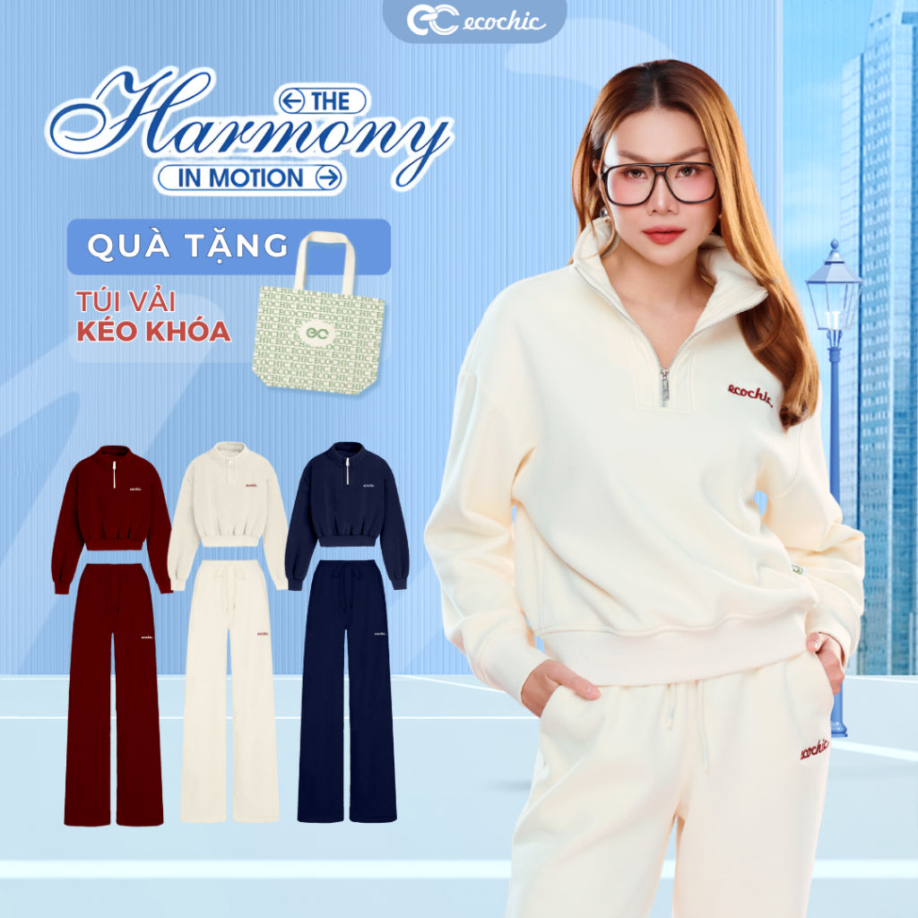 ECOCHIC GRAVITY SET High Neck Crop Top Halfzip Logo Chest Drawstring Straight Pants High Quality Genuine Material HNH B200