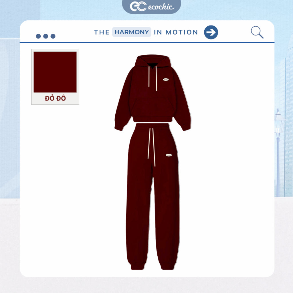 ECOCHIC Hoodie Set Loose Shirt, Straight-leg Pants, Elastic Waistband, Basic Drawstring, High-Quality Genuine Material HNH B209