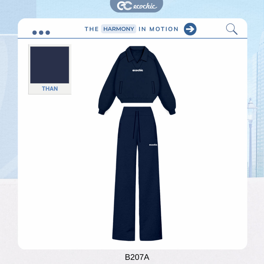 Set of ECOCHIC REFINED EASE V-neck Polo Shirt with Chest Logo, Side Pockets, Straight Pants, High Quality Genuine Material HNH B207