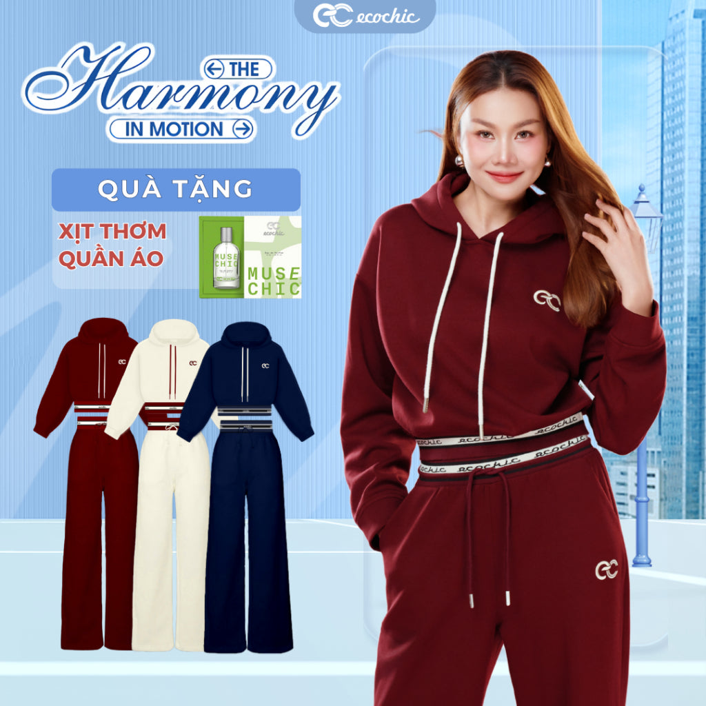 ECOCHIC VELOCITY SET Crop Hoodie with Striped Ruffles - Drawstring Straight Pants High Quality Genuine Material HNH B204