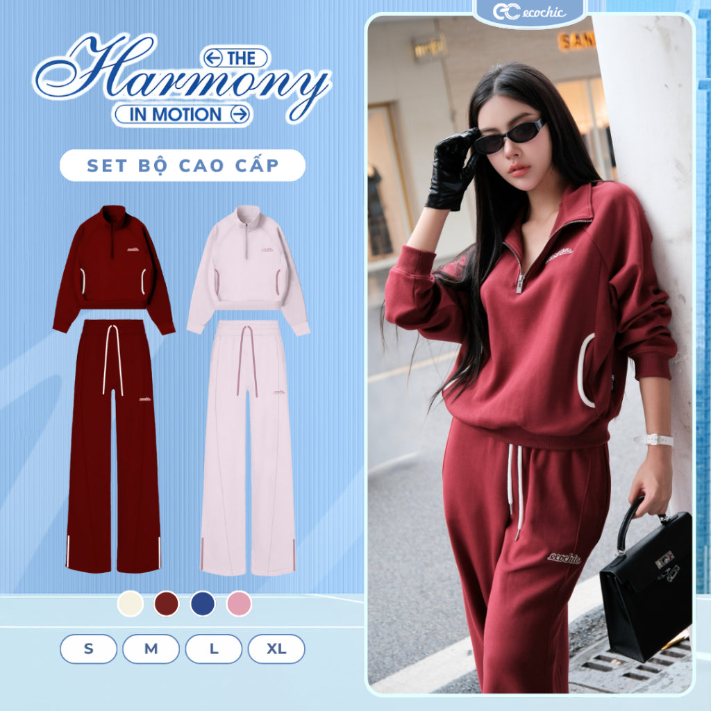 Set Bộ Nỉ Mịn ECOCHIC FORMLINE SET Khoá Áo Halfzip Quần Ống Suông Phối Viền Cao Cấp Chính Hãng HNH B198
