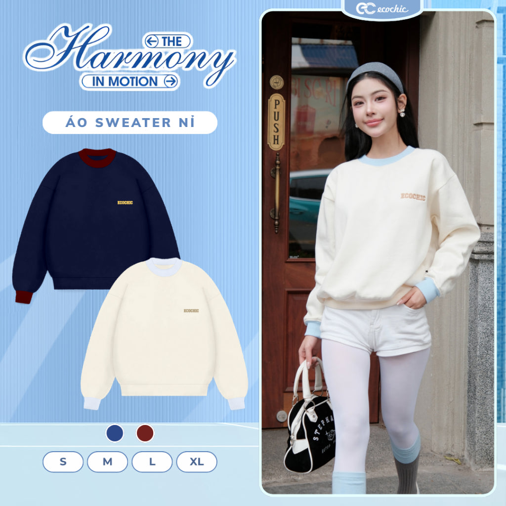 Áo Sweater Phối Tay ECOCHIC Form Rộng Basic Chất Liệu Nỉ Bông Mềm Mịn Giữ Ấm Chính Hãng HNH B196