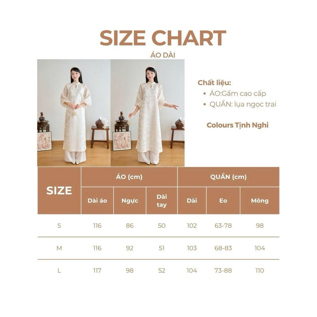 Cream white Tinh Nghi brocade ao dai with puffy sleeves, straight fit, 2 innovative panels, butterfly motifs and silk mixed with glitter - SD384 LANA DESIGN